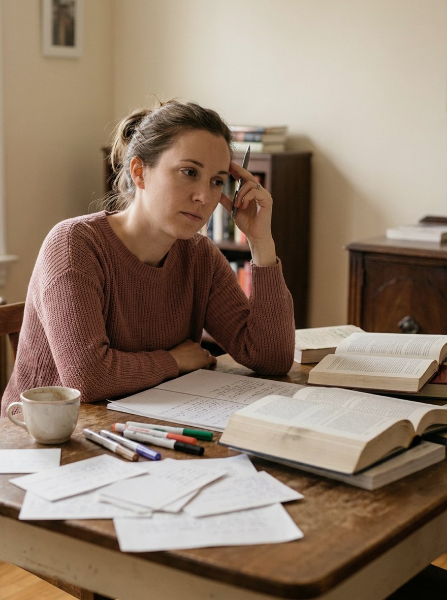 Frau am Esstisch vor aufgeschlagenen Büchern und handschriftlichen Notizen, Blick ins Leere